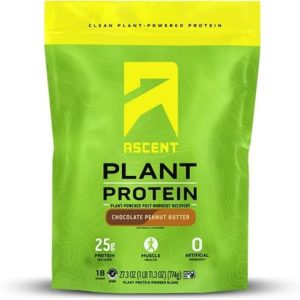 Ascent Plant Based Protein Powder - Non Dairy Vegan Protein, Zero Artificial Flavors & Sweeteners, Gluten Free, No Added Sugar,  4g BCAA, 2g Leucine - Chocolate Peanut Butter, 18 Servings
