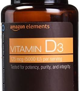 Amazon Elements Vitamin D3, 5000 IU, 180 Softgels, 6 month supply (Packaging may vary), Supports Strong Bones and Immune Health