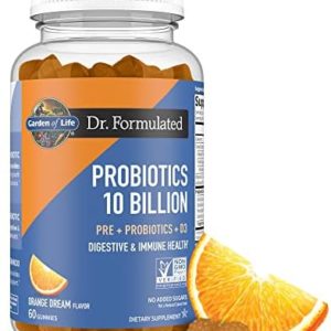 Garden of Life Dr Formulated 10 Billion CFU Prebiotic Fiber & Probiotic Gummies with Vitamin D3 for Digestive and Immune Health – Gluten Free, Non GMO, No Added Sugar, Orange Dream Flavor, 60 Gummies