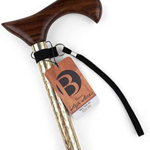 Brazos Walking Cane, Adjustable and Lightweight Engraved Aluminum Cane, Single Point Walking Stick with Wooden Handle, Wrist Strap and Rubber Tip, FSA & HSA Eligible, Gold with Walnut Hand Grip