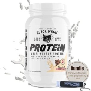 Worldwide Nutrition Bundle, 2 Items: Black Magic Multi-Source Casein Protein Powder - Muscle Gain with Whey, Micellar Casein, MCTs & Enzymes - Original Horchata Flavor - 2 LB & Multi-Purpose Keychain