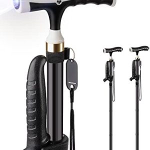 Kodera Walking Cane for Men & Women with LED Light, Folding Cane for Seniors & Adults,Collapsible Aluminium Walking Stick for Man for Seniors with Nylon Strap, Quad Cane with Double Handle Black
