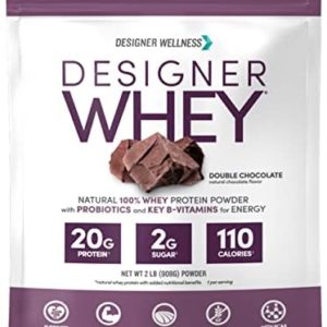 Designer Wellness, Designer Whey, Natural Protein Powder with Probiotics, Fiber, and Key B-Vitamins for Energy, Gluten-Free & Kosher, Double Chocolate, 2 lb