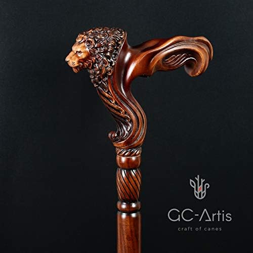 GC-Artis Lion Head Wood Carved Walking Stick Ergonomic Palm Grip Handle 36” Wooden Walking Cane for Men Women Brown - Image 4