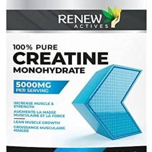 Renew Actives Creatine Monohydrate Powder, Ultimate Post or Pre Workout Powder for Muscle Growth, Mass Gainer, and Increased Strength, 100% Pure Creatine Powder 5g per Serving/ 60 Serving