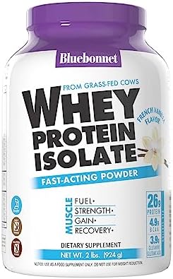 BlueBonnet Nutrition Whey Protein Isolate Powder From Grass Fed Cows, 26g of Protein, No Sugar Added, Gluten & Soy free, kosher Dairy, 2 Lbs, 28 Servings, French Vanilla Flavor