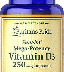 Puritan's Pride Vitamin D3 10000 IU Bolsters Health Immune System Support and Healthy Bones & Teeth Softgels, Yellow, 100 Count