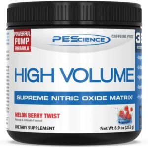 PEScience High Volume Nitric Oxide Booster Pre Workout Powder with L Arginine Nitrate, Melon Berry, 36 Scoops, Caffeine Free