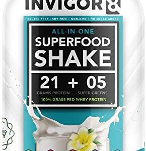 INVIGOR8 Superfood Protein Shake with Immunity Boosters - Gluten-Free Non GMO Meal Replacement Shake with Probiotics and Omega 3 (645 Grams) (French Vanilla)