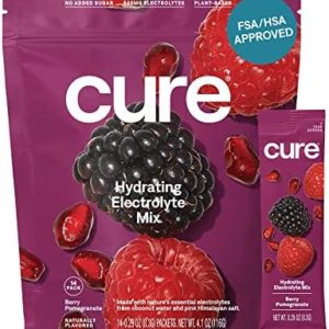 Cure Hydrating Electrolyte Mix | Powder for Dehydration Relief | FSA & HSA Eligible | Made with Coconut Water | No Added Sugar | Vegan | Paleo Friendly | Pouch of 14 Packets - Berry Pomegranate