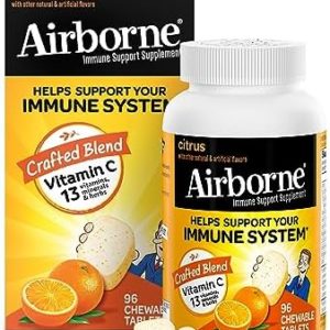 Airborne 1000mg Chewable Tablets with Zinc, Immune Support Supplement with Powerful Antioxidants Vitamins A C & E - 96 Tablets, Citrus Flavor