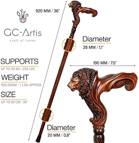GC-Artis Lion Head Wood Carved Walking Stick Ergonomic Palm Grip Handle 36” Wooden Walking Cane for Men Women Brown - Image 3