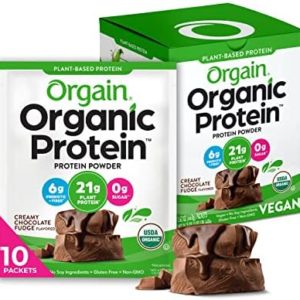 Orgain Organic Vegan Protein Powder, Chocolate Fudge - 21g Plant Based Protein, Gluten Free, Dairy Free, Lactose Free, Soy Free, No Sugar Added, Kosher, For Smoothies & Shakes - 10 Travel Packets