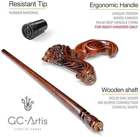 GC-Artis Lion Head Wood Carved Walking Stick Ergonomic Palm Grip Handle 36” Wooden Walking Cane for Men Women Brown - Image 2