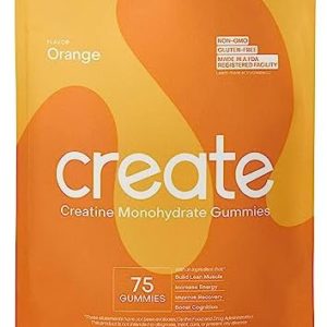 Create Wellness Creatine Monohydrate Gummies - Boost Focus, Strength, and Endurance, Vegan, Gluten-Free, Non-GMO, 1 Gram Creatine per Gummy, Orange Flavor, 75 Count