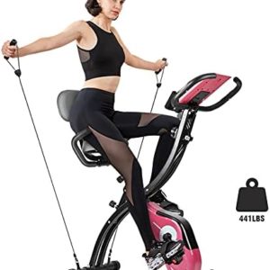 Folding Exercise Bike Magnetic, Upright Recumbent Indoor Workout Exercise Bike with Front and Back Arm Resistance Bands LCD Monitor Pulse Sensor Phone Holder for Cardio Workout and Strength Training