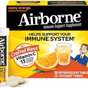 Airborne 1000mg Vitamin C with Zinc, SUGAR FREE Effervescent Tablets, Immune Support Supplement with Powerful Antioxidants Vitamins A C & E - 30 Fizzy Drink Tablets, Zesty Orange Flavor